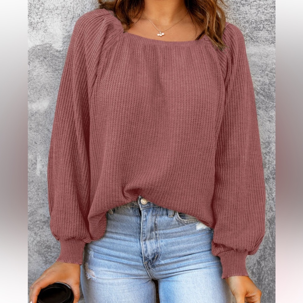 Square Neck Puff Sleeve Waffle Knit Top Pink